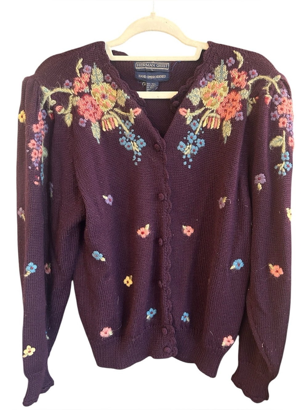 Herman Geist Vintage Hand-Embroidered Plum Floral V-Neck Cardigan Sweater Wool L